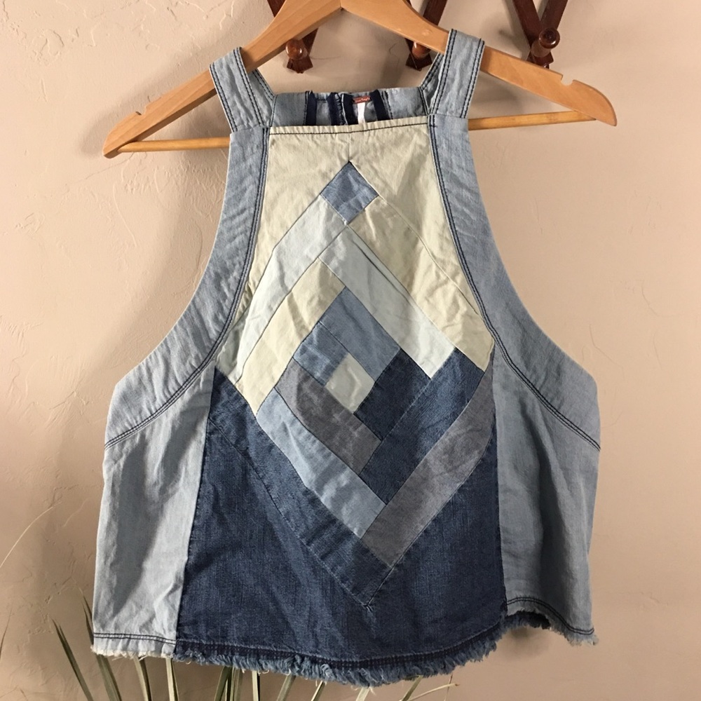 Free People quilted denim patchwork boxy crop top